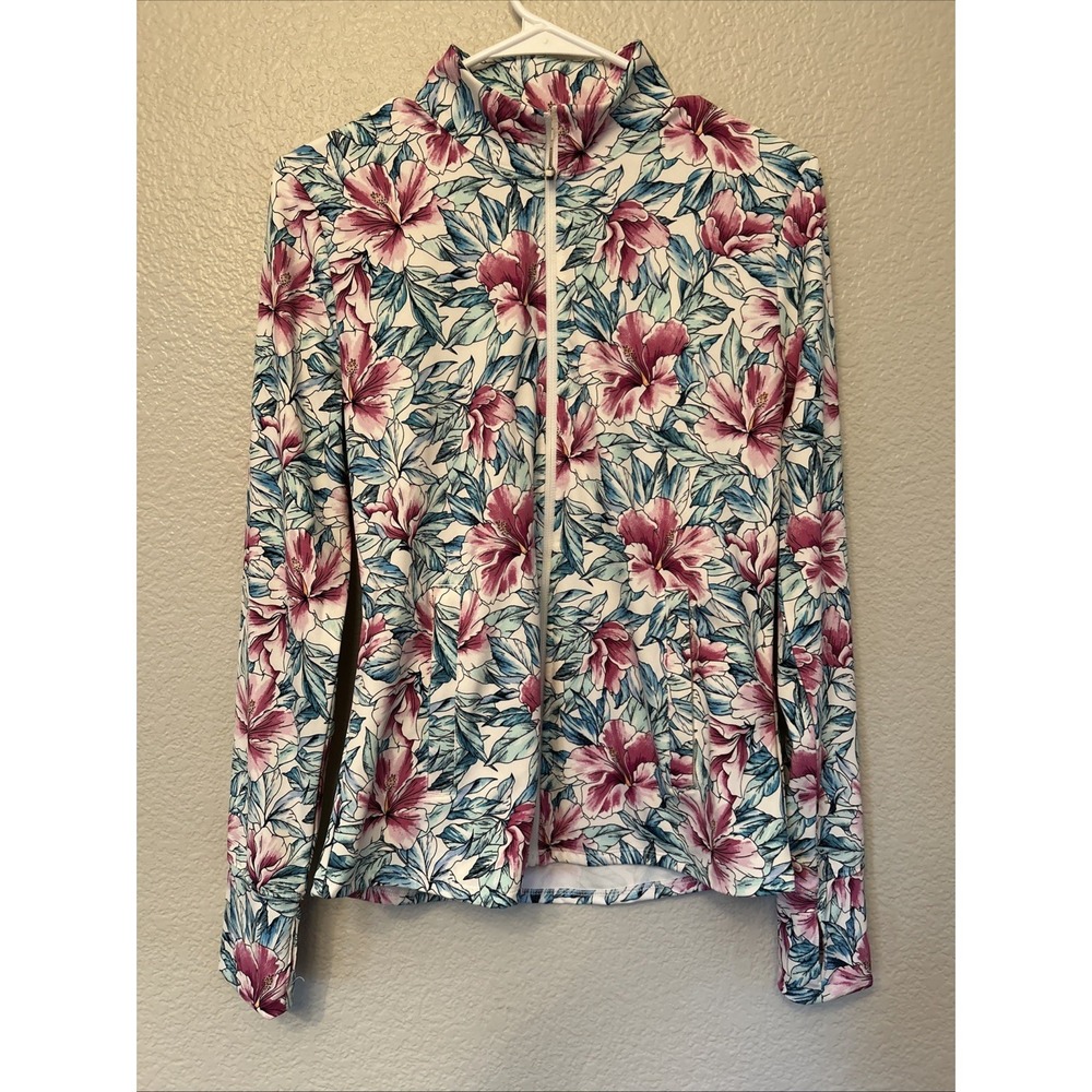 Tommy Bahama Floral Active Full Zip Jacket Women's Size Med Pink/Teal On White